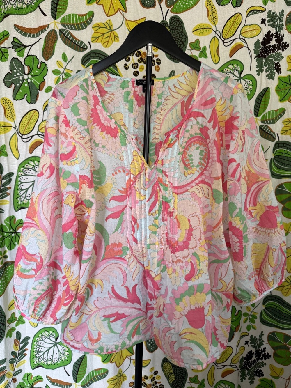 Talbots Petite XL Floral Pintuck Blouse Pink Green Yellow 3/4 Sleeve